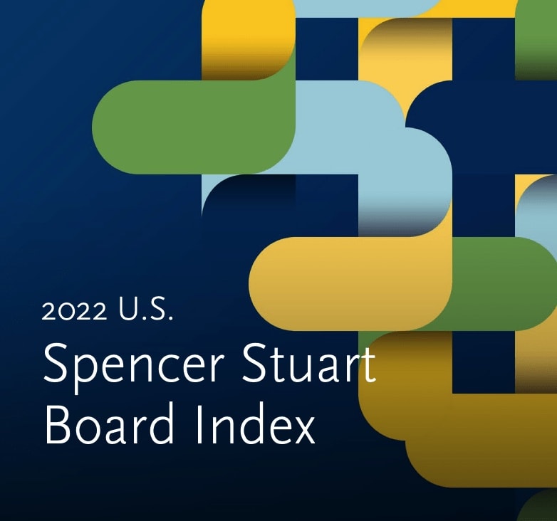 Blue, yellow and green cover of the 2022 U.S. Spencer Stuart Board Index.